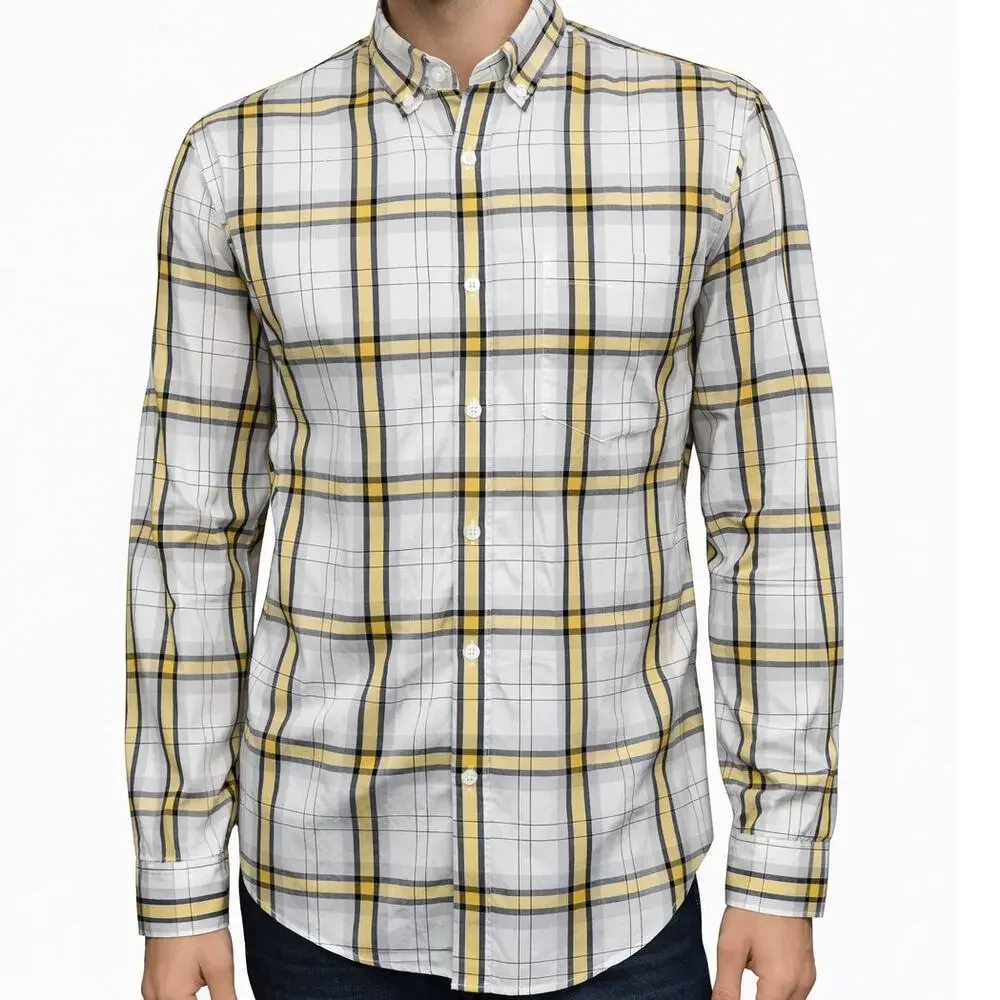 J. Crew NY Light Weight Shirt Slim Fit Men L Button Down White Yellow Navy Plaid